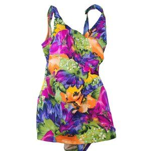 Cazimi One Piece Floral Swimsuit 34D Padded Skirt 80s 90s